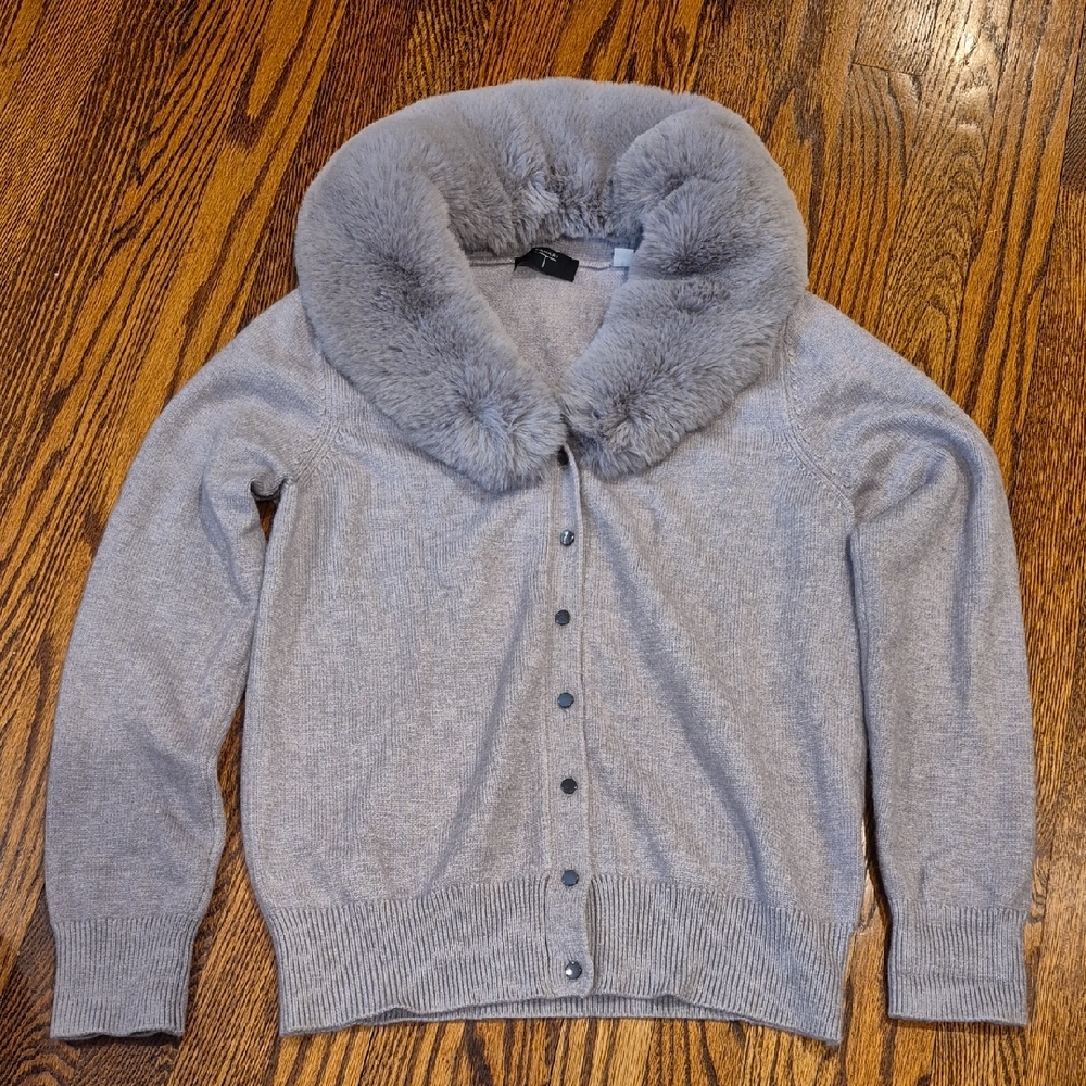 T Tahari Light Gray Cardigan with Plush Faux Fur Collar